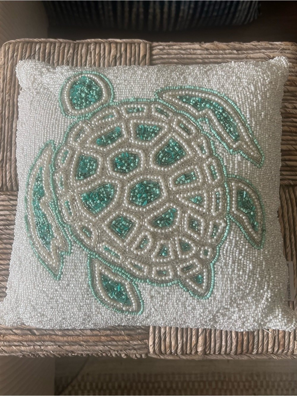 Coastal Collection Hand Beaded Sea Turtle Throw  Pillow Turquoise White Beach